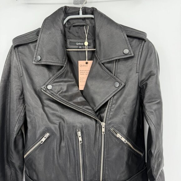 Quince Women's Black Leather Motorcycle Jacket size XS Sheep Leather Belted - Picture 2 of 7